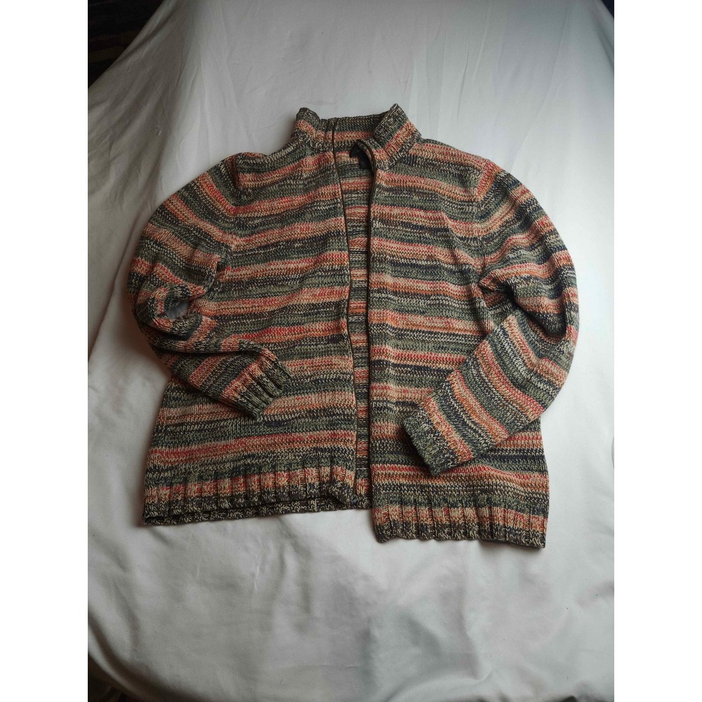 Express Mens Full Zip Cardigan Sweater Large Earth Tone Striped Mock Neck Knit